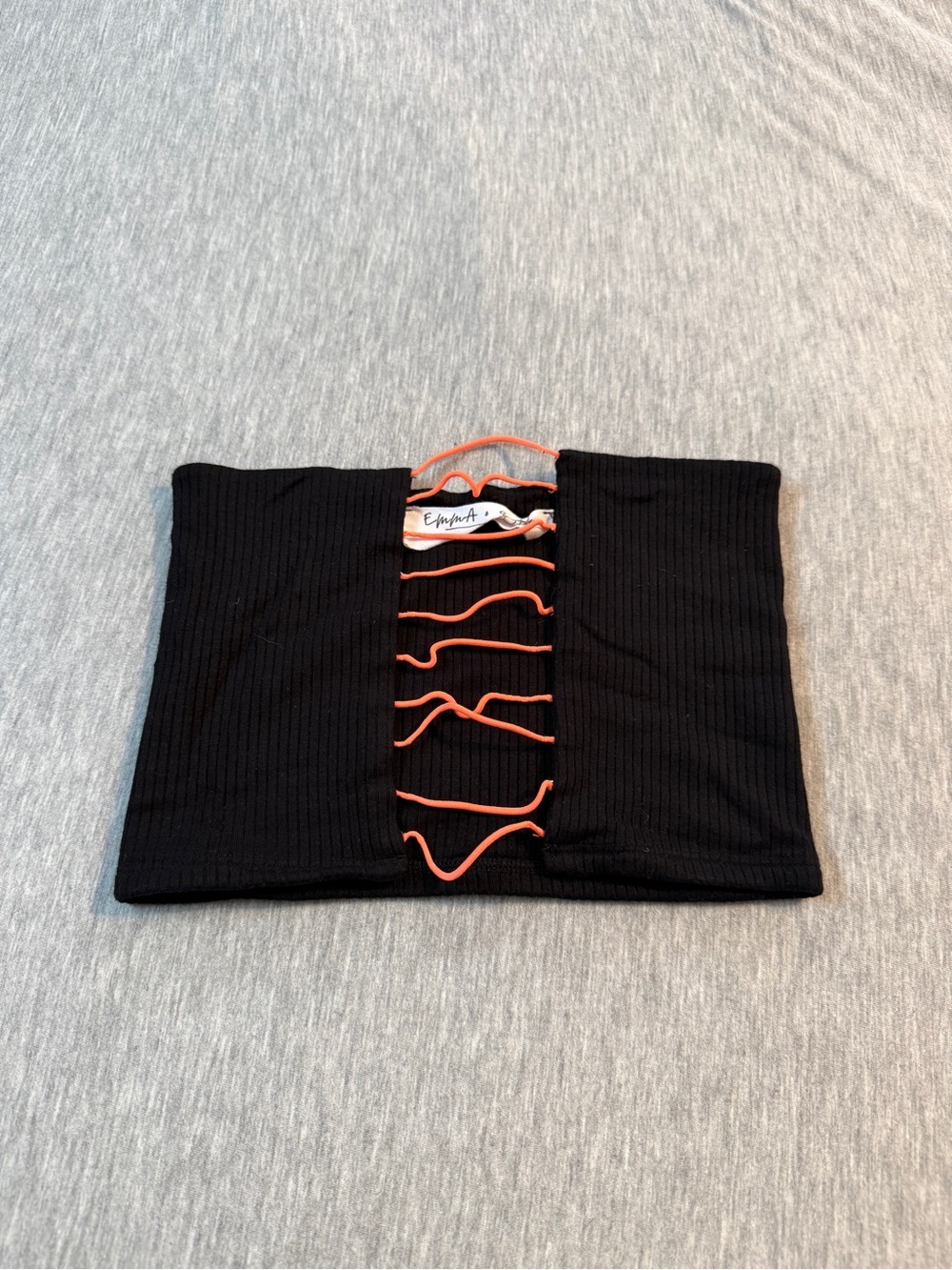 Emma & Sam Black Ribbed Crewneck Sweater with Orange Lace-Up Front